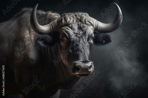 powerful bull in dim environment, perfect as a 4k wall decoration. Generative AI