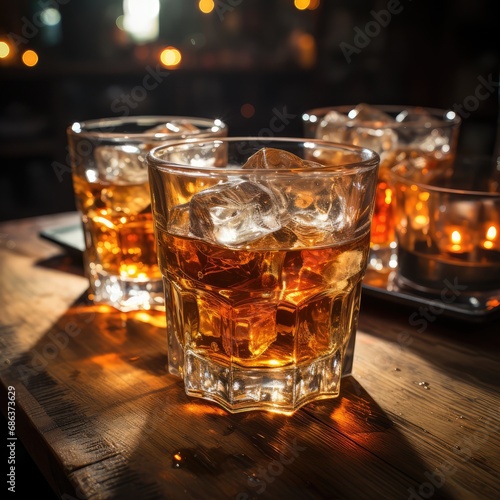 Whiskey on the rocks with ice cubes on a dark blurred background on a wooden table in a bar