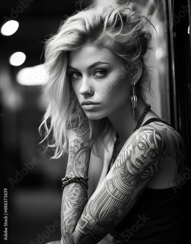 Black and white portrait of a beautiful girl with a tattoo