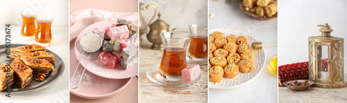Collage of Turkish tea, Muslim lantern and traditional sweets