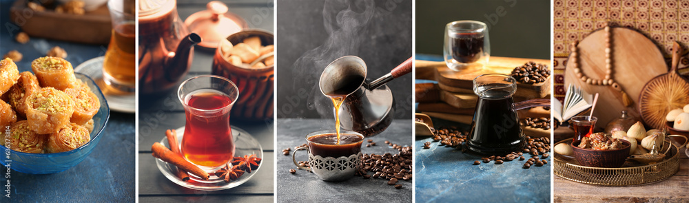 Collection of Turkish coffee, tea and traditional food on dark background - obrazy, fototapety, plakaty 