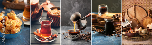 Collection of Turkish coffee, tea and traditional food on dark background photo
