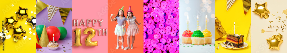 Fototapeta premium Birthday collage with children, decorations and sweets