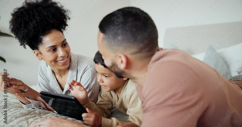 Family, parents or son with tablet in bedroom for internet, games and development with happiness and support. Child, man or woman with technology on bed in home for play, streaming or movies or smile Family, parents or son with tablet in bedroom for internet, games and development with happiness and support. Child, man or woman with technology on bed in home for play, streaming or movies or smile
