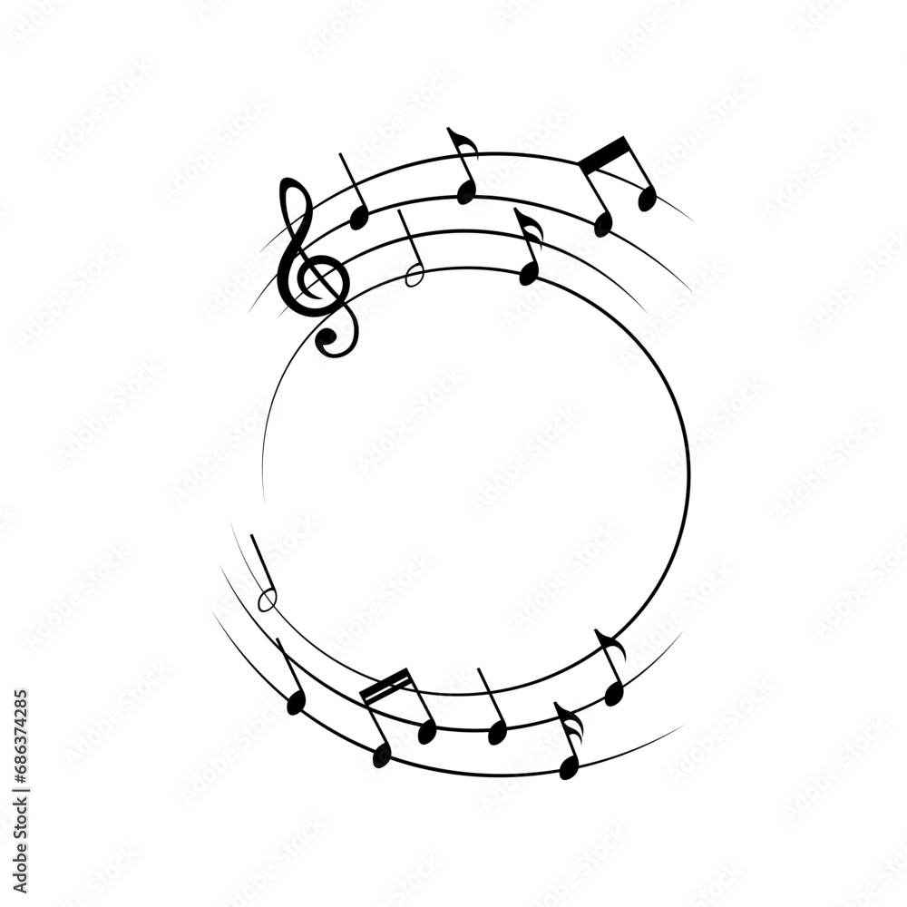 Music notes background, round musical frame, vector illustration. - obrazy, fototapety, plakaty 