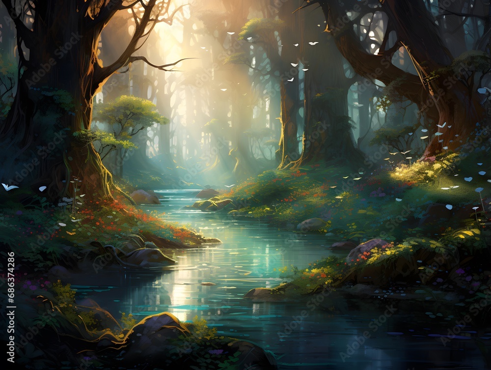 Fantasy forest with a river and trees in the foreground. Digital painting.