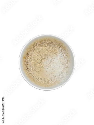 Top view of white paper disposable Irish coffee cup with foam is isolated on transparent background.