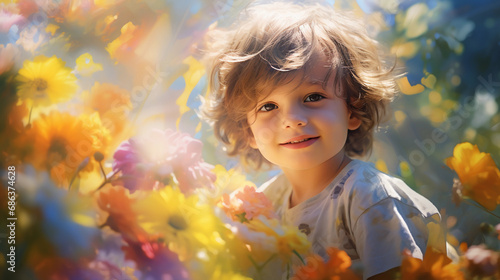 Dreamy child's portrait in impressionistic style, vibrant garden backdrop, dabs of bright colors