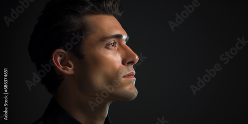 man with a contemplative gaze, sharp jawline, stubble, and slicked-back dark hair