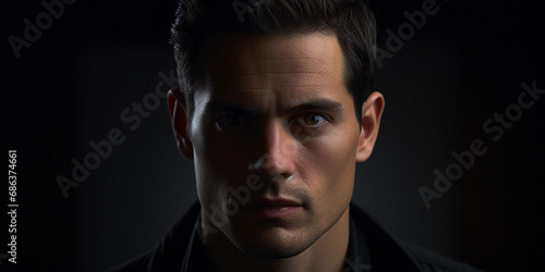man with a contemplative gaze, sharp jawline, stubble, and slicked-back dark hair © Marco Attano