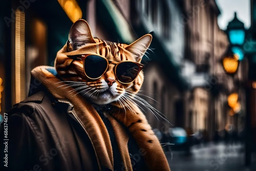 stylish cat charm wearing coat and glasses, portrait pic as backdrop © Osama