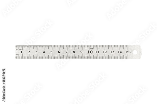 Metal steel ruler is isolated on transparent background.