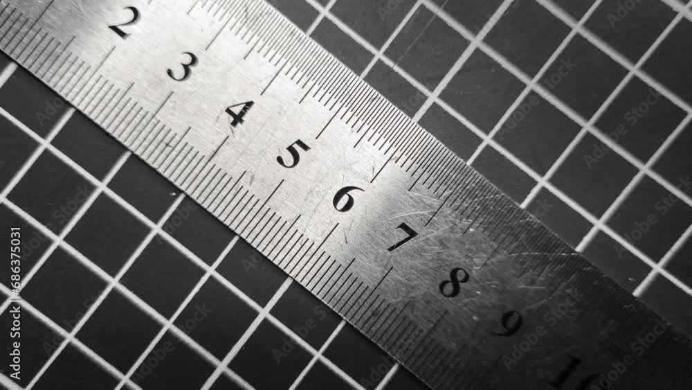 The numbers change on a metal ruler that mowes diagonaly and quickly changes numbers against the background of the grid on the cutting mat. Stop motion. The numbers change on a metal ruler that mowes diagonaly and quickly changes numbers against the background of the grid on the cutting mat. Stop motion.