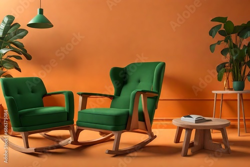  Green easy chairs and light on orange backdrop © Osama