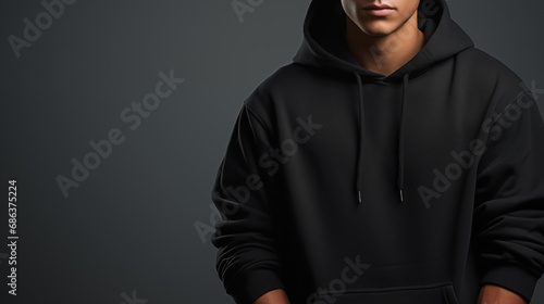 Beautiful male in a black hoodie posing. Warm oversized hoodie with an hood. Stylish trendy hipster bow. Trying on clothes in a store. Youth subculture. Fashion clothing. Generated AI
