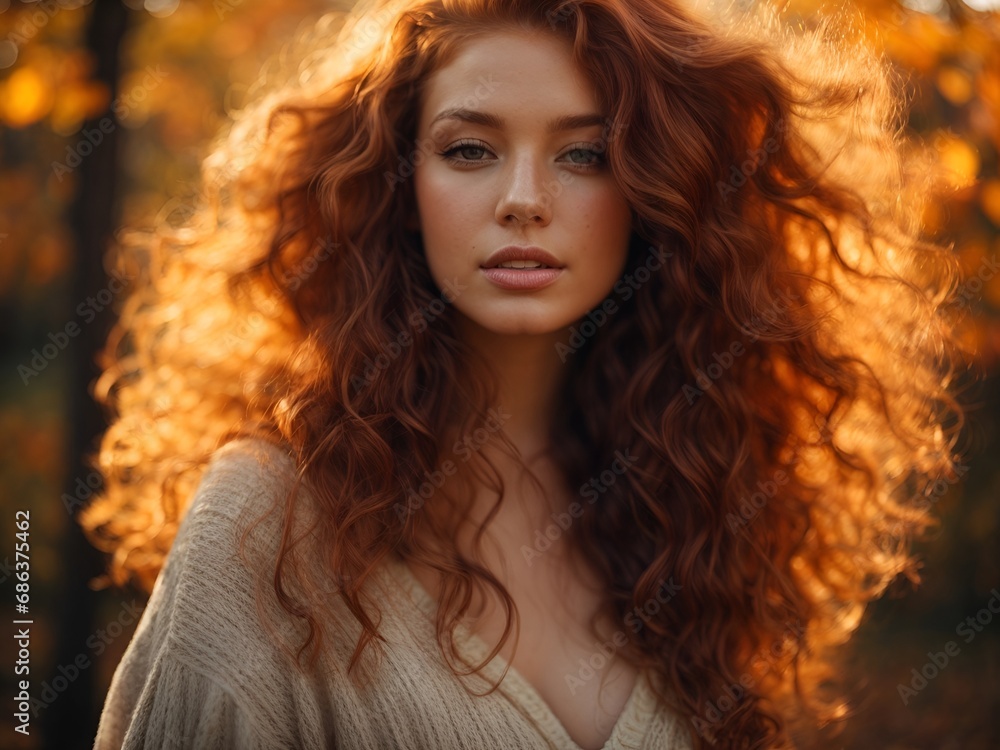 Beautiful autumn redhead model with flowing wavy hair. Young woman. Sunlight at sunset. Beautiful autumn redhead model with flowing wavy hair. Young woman. Sunlight at sunset.