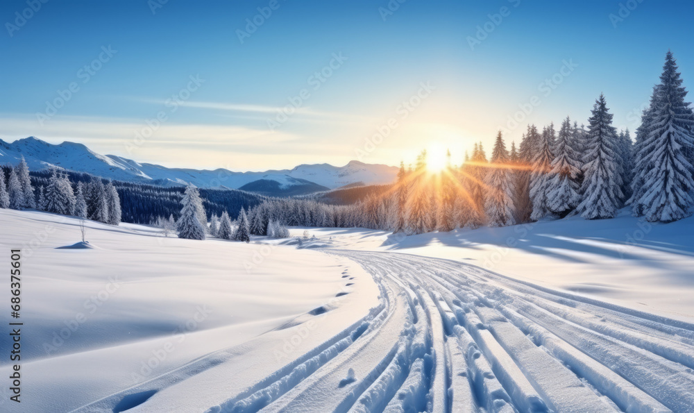 Beautiful day in the mountains. Ski tracks in the snow. 