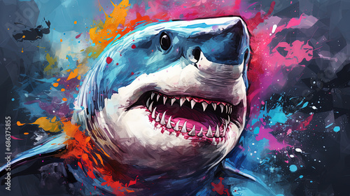 Great White Shark with Colorful Abstract Background