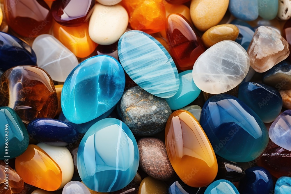 beach gemstones. pile of semiprecious, precious stones, close up