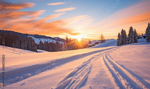 The day's last light fades over a peaceful, snow-blanketed ski slope and forest.