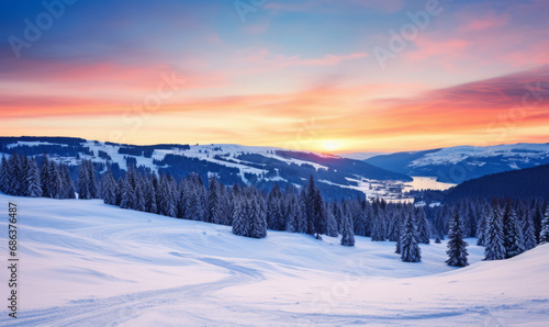 Dawn breaks over a serene snowy landscape, with ski tracks leading into the wilderness. © Jan