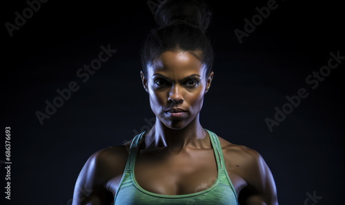 Bodybuilding athlete woman in gym doing exercises with weights.