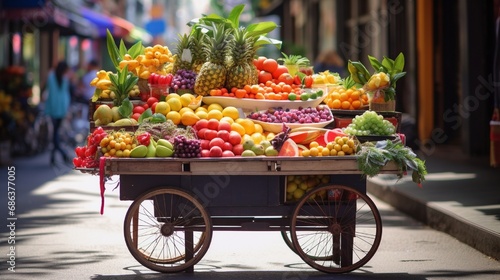 A street vendor's cart with fresh fruits and snacks, adding a burst of color to a busy urban sidewalk. © CREATER CENTER