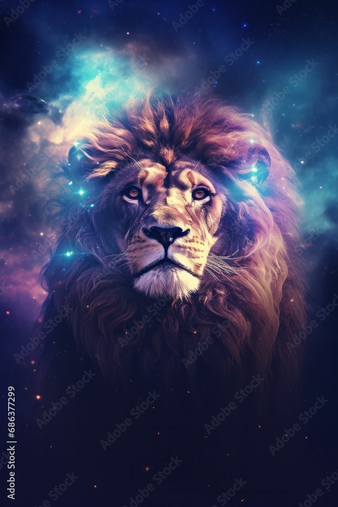 a lion is looking into the distance in space with a cloud a lion is looking into the distance in space with a cloud