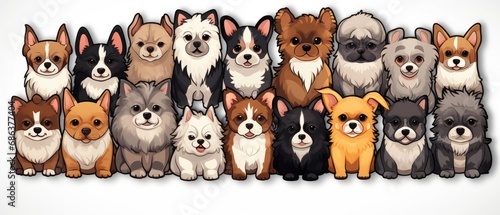 Variety of cartoon corgi dogs sitting in row. Pet diversity and digital art.