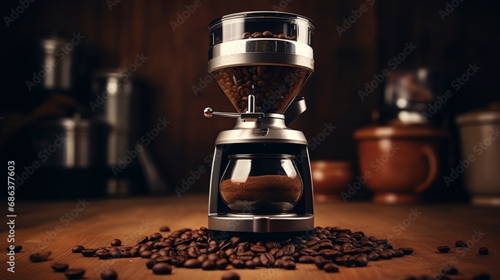 A stylish coffee grinder with a pile of freshly ground coffee beans.