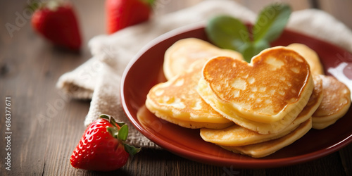 Heart-shaped hot cakes on red plate. Valentine's Day, anniversary, mother's day, birthday.
 photo