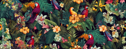 Tropical exotic pattern with animal and flowers in bright colors and lush vegetation. Ai Generative. photo