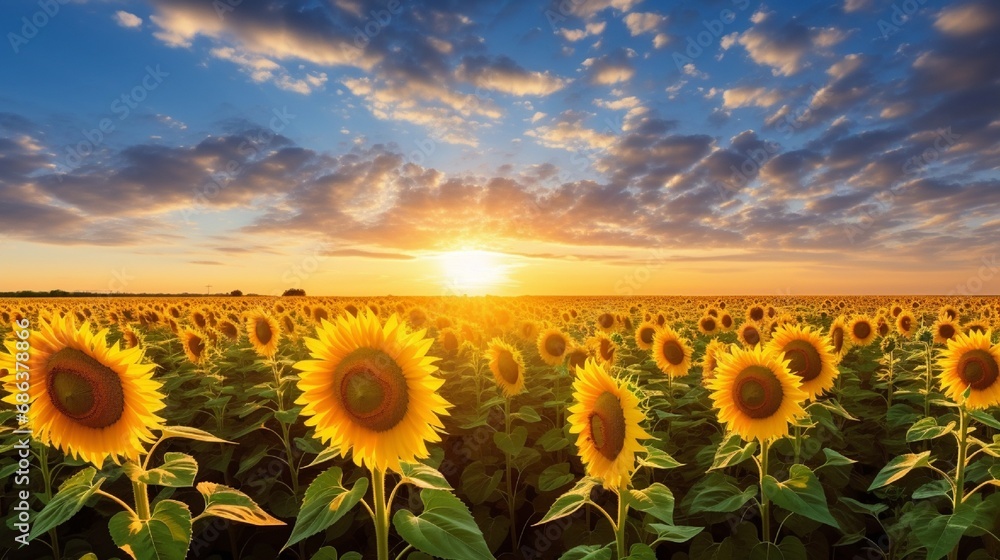 A sunflower field bathed in golden sunlight, with vibrant yellow blooms stretching towards the sun under a clear blue sky.