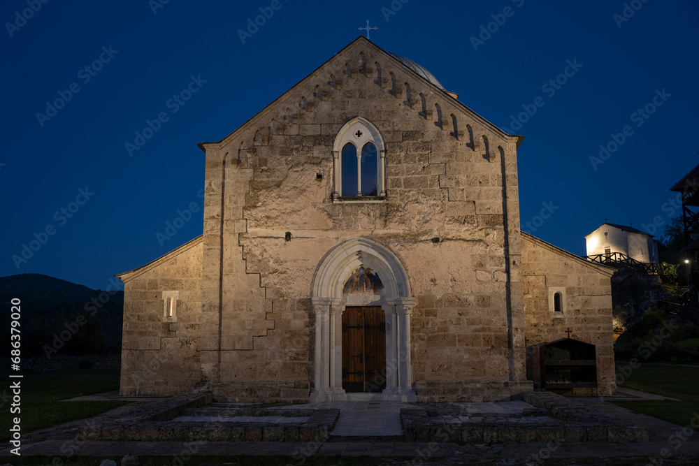 Medieval monastery Gradac on mountain Golija at night light 