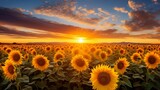 A sunflower field bathed in golden sunlight, with vibrant yellow blooms stretching towards the sun under a clear blue sky.