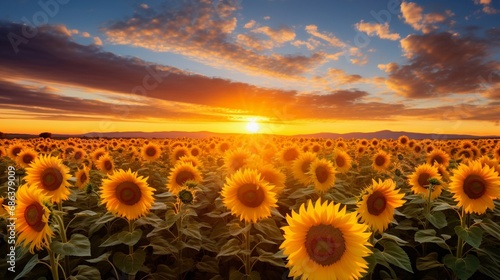 A sunflower field bathed in golden sunlight, with vibrant yellow blooms stretching towards the sun under a clear blue sky.