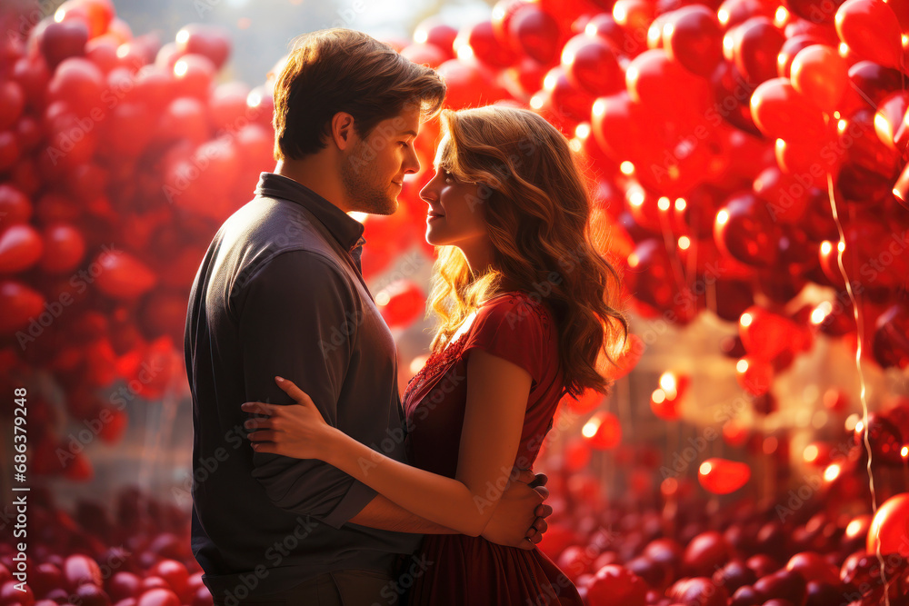 A loving couple, man and woman, embrace against backdrop of bright red balloons