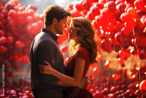 A loving couple, man and woman, embrace against backdrop of bright red balloons