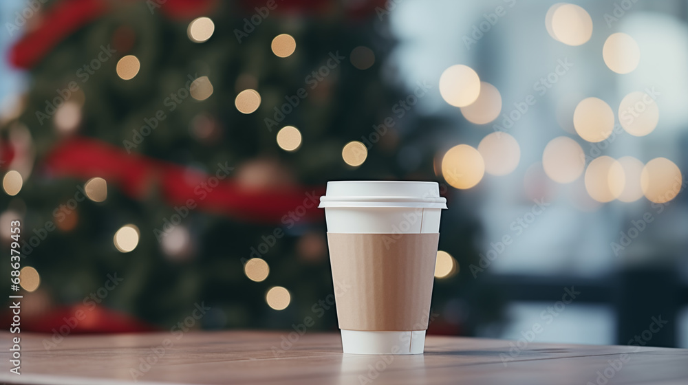 Paper cup with coffee сlose up. Coffee cup. Christmas tree with lights on the background. Holiday season. Time for drink coffee. Coffee to go. Take a break. Disposable paper cup. Mockup. Generated AI Paper cup with coffee сlose up. Coffee cup. Christmas tree with lights on the background. Holiday season. Time for drink coffee. Coffee to go. Take a break. Disposable paper cup. Mockup. Generated AI