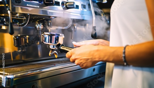 Detail of Italian espresso maker. Coffe machine in steam. Barista preparing coffe. Professional coffee brewing. Delicious cup of coffee close up. Early morning breakfast. Generative AI