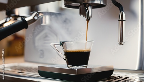 Detail of Italian espresso maker. Coffe machine in steam. Barista preparing coffe. Professional coffee brewing. Delicious cup of coffee close up. Early morning breakfast. Generative AI photo