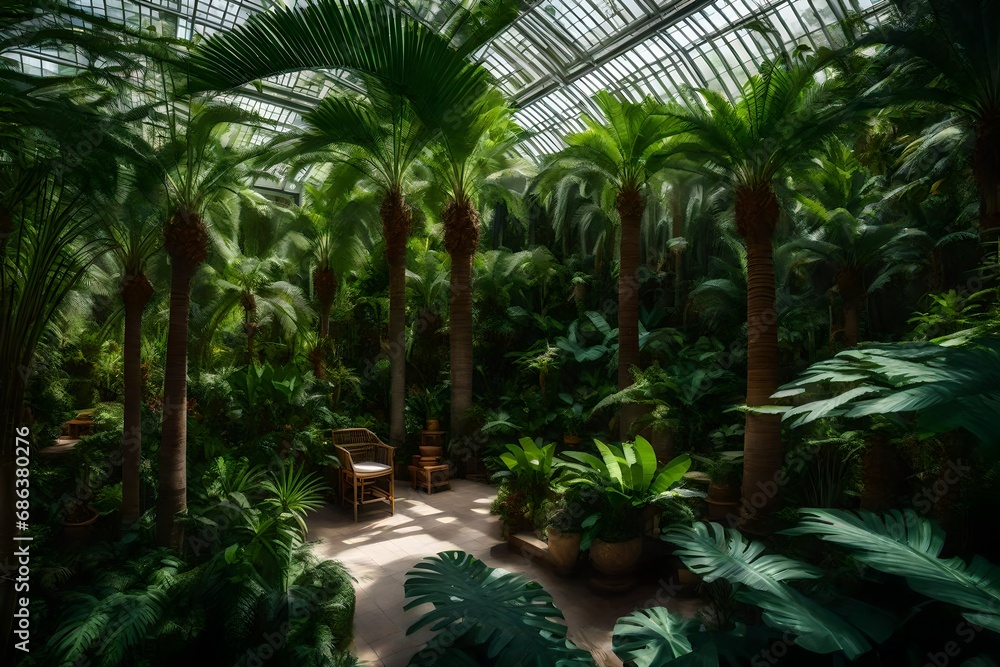A lush tropical conservatory with a variety of palm trees and ferns