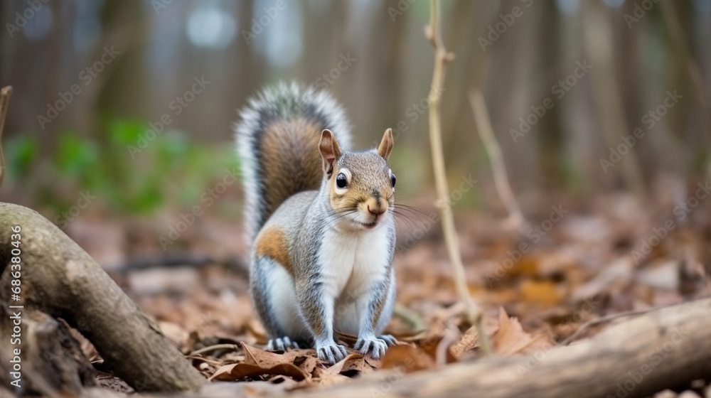 Naklejka premium Cute eastern gray squirrel foraging for nuts with a shallow depth of field. generative ai