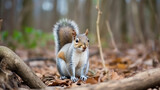 Cute eastern gray squirrel foraging for nuts with a shallow depth of field. generative ai