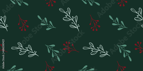 Seamless pattern with hand drawn christmas leaves and branches. Perfect for xmas or new year wallpaper, wrapping paper, web sites, background, social media, blog, presentation and greeting cards.