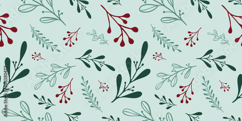 Seamless pattern with hand drawn christmas leaves and branches. Perfect for xmas or new year wallpaper, wrapping paper, web sites, background, social media, blog, presentation and greeting cards.