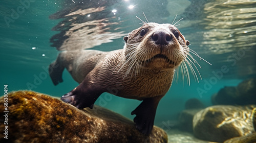 The European Otter - Lutra lutra playing and hunting underwater