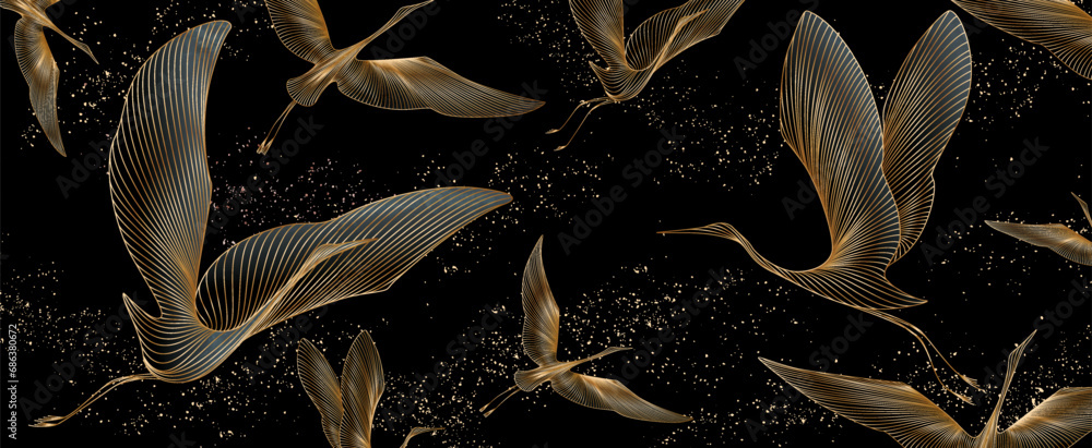 Fototapeta premium Luxury dark art background with hand-drawn crane birds in golden line art style. Abstract animalistic banner for wallpaper, decor, print, textile, packaging, interior design.