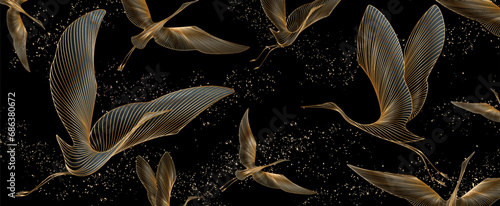 Luxury dark art background with hand-drawn crane birds in golden line art style. Abstract animalistic banner for wallpaper, decor, print, textile, packaging, interior design.