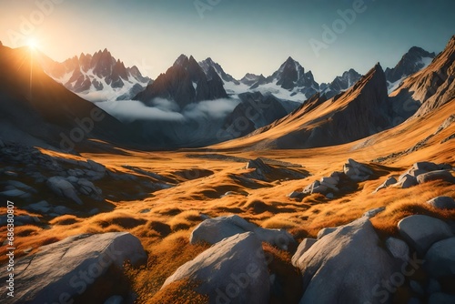 A tranquil alpine landscape at sunrise with the soft glow of morning light on rocky terrain